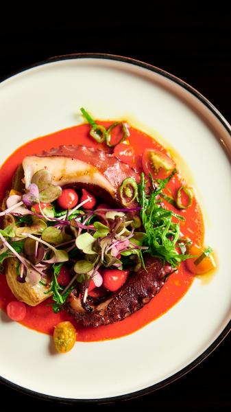 A plate with dark purple octopus resting on a bright orange sauce, sprinkled with fresh greens, yellow cherry tomatoes, and other garnishes. 