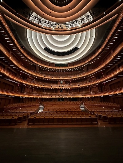 The interior of the Steinmetz theatre looking out onto the audience from the stage. 